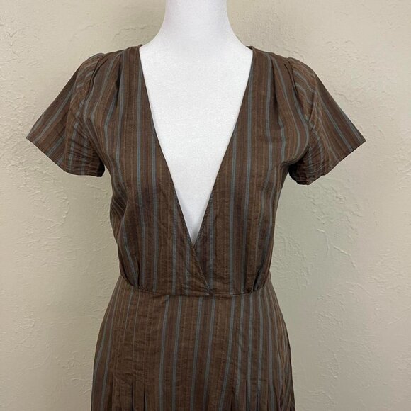 brown and blue pinstripe y2k deep v neck midi dress - Picture 4 of 8